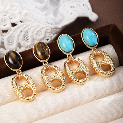 复古椭圆耳钉轻奢感宝石耳饰银针