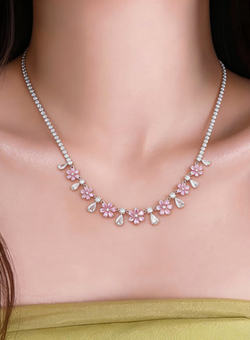 韩国甜美锆石花朵水滴项链
