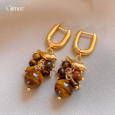 复古美拉德小鸟虎眼石串珠耳环