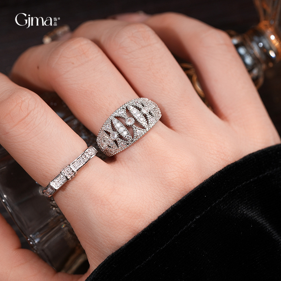 法式简约锆石圆形镂空开口戒指