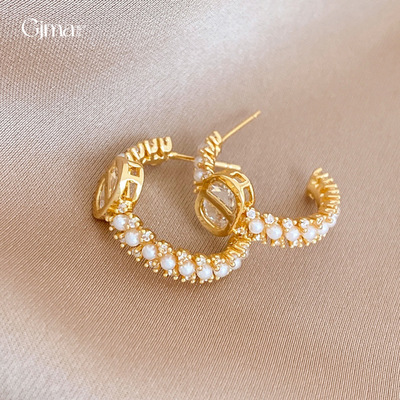 气质锆石几何C形珍珠耳环