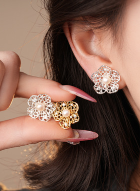 18K Gold Hollow Earrings, Zircon Pearl Clip-Ons Minimalist