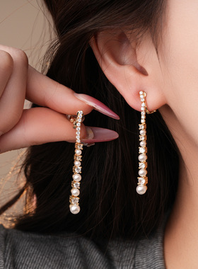 18K Gold Pearl Earrings, Zircon Vintage Clip-Ons Luxury
