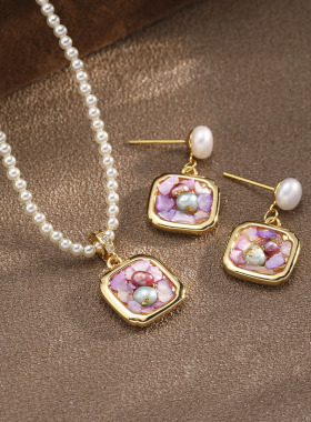 Shell Gold Foil Pearl Jewelry Set Gift Necklace Earrings