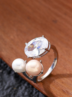 珍珠锆石开口戒指轻奢感