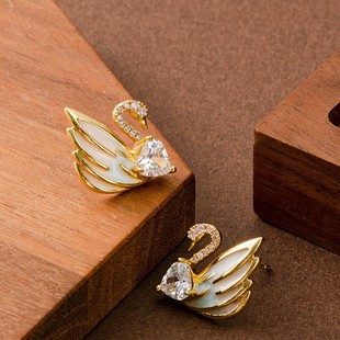Enamel Swan Studs, Zircon Diamond Fairy Chic Earrings