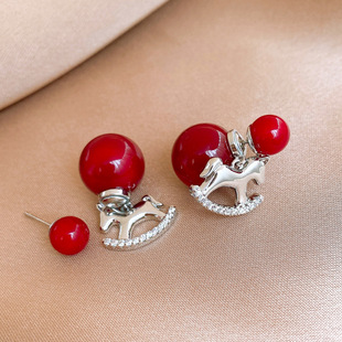 Red Resin CZ Horse Pendant Stud Earrings Elegant