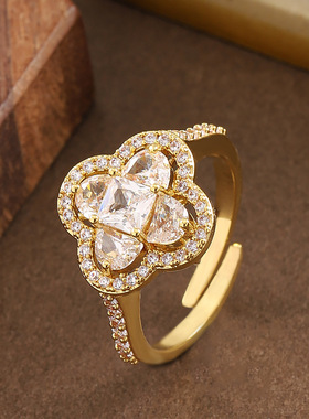 气质满钻锆石四叶草戒指轻奢简约