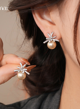 Korean Pearl Earrings, Zircon Floral Luxury Minimalist Studs