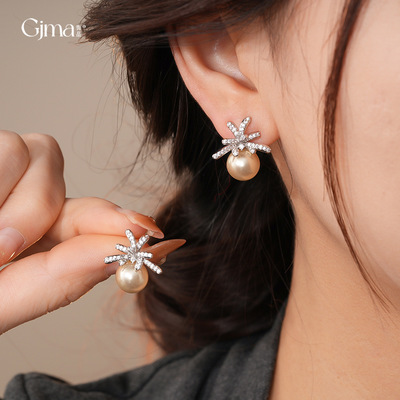 银针韩系精致锆石花朵珍珠耳环