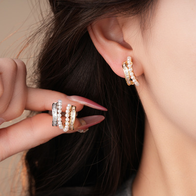 18k真金电镀锆石珍珠耳夹