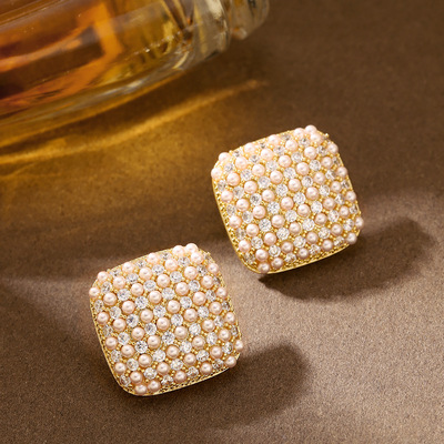 几何方形镶钻珍珠耳钉