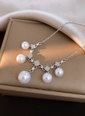 复古风锆石方形珍珠项链