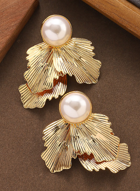 18K Gold Leaf Earrings, Geometric Pearl Luxury Hoops