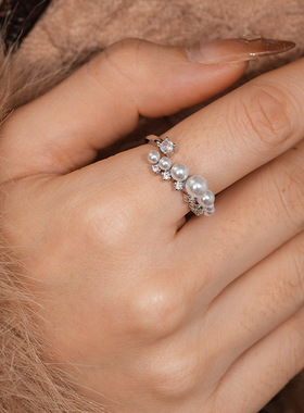 法式气质锆石串珠珍珠开口戒指