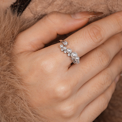 法式气质锆石串珠珍珠开口戒指