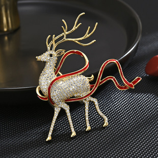 Chinese Red Ribbon Deer Brooch, Cute Coat Pin