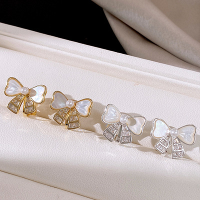 锆石贝母珍珠蝴蝶结耳夹