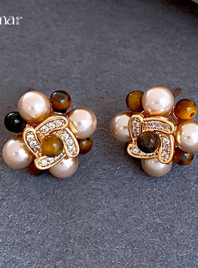 18K Gold Floral Earrings, Zircon Pearl Vintage Luxury Studs