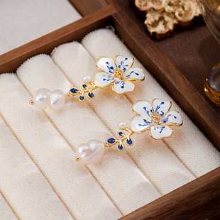 Blue Floral Pearl Earrings, Chinese Enamel Luxury Studs