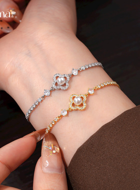 18k金电镀锆石镂空花朵珍珠手链