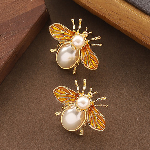 Bee Pearl Stud Enamel Minimalist Earrings