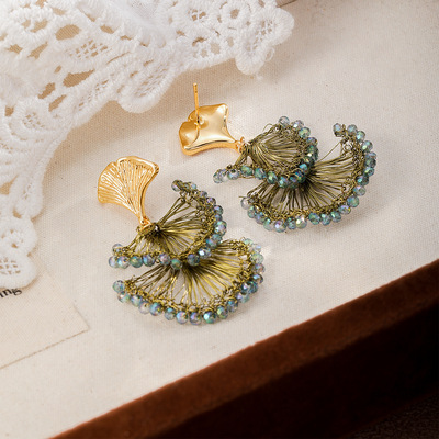 银杏扇形两层手工铜丝编织耳环