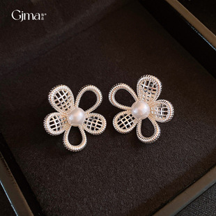 Silver French Hollow Flower Pearl Earrings, Luxury Studs
