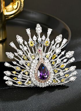 Purple Peacock Brooch, Diamond Gradient Luxury Lapel Pin