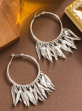 Leaf Fringe Hoops,Minimalist Cold Style Bold Luxury Earrings