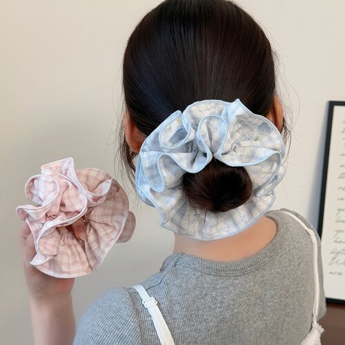 韩版双层格纹印花束腰大肠发圈