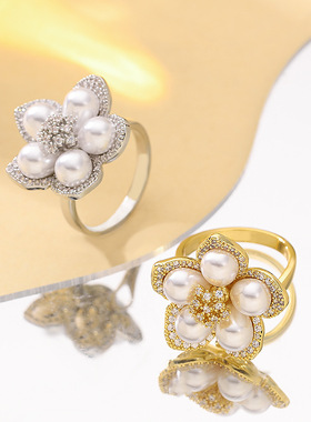 镶钻珍珠花瓣可调节开口戒指