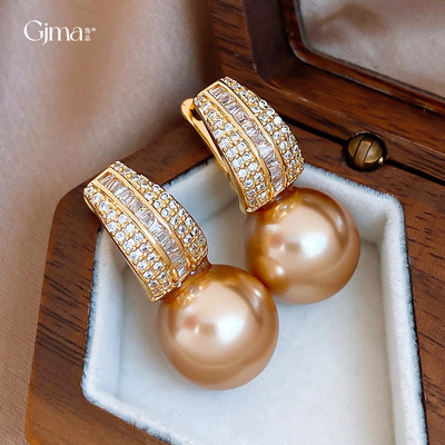 Square Pearl Ear Cuffs, Gold Zircon French Luxury Earrings