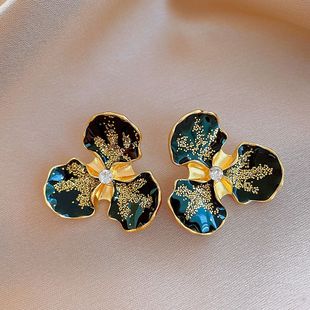 Crystal Enamel Flower Stud Earrings, Chic Silver Post