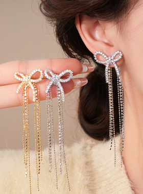 18K Gold Zircon Bow Drop Stud Earrings, Korean Style