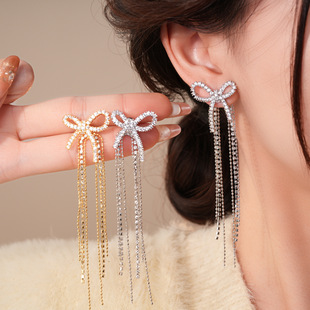 18K Gold Zircon Bow Drop Stud Earrings, Korean Style