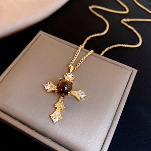 18K Gold Cross Pendant, Tiger Eye Marbled Vintage Necklace