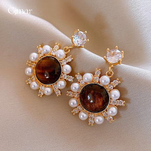 Silver Pearl Zircon Round Earrings, Luxury Studs