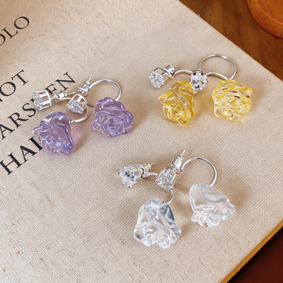 法式复古锆石树脂C形花朵耳环