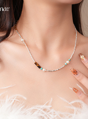 极简虎眼碎银串珠珍珠项链毛衣链