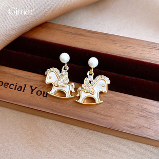 14K Earrings Gold Zircon Studs Zodiac Pearl Horse