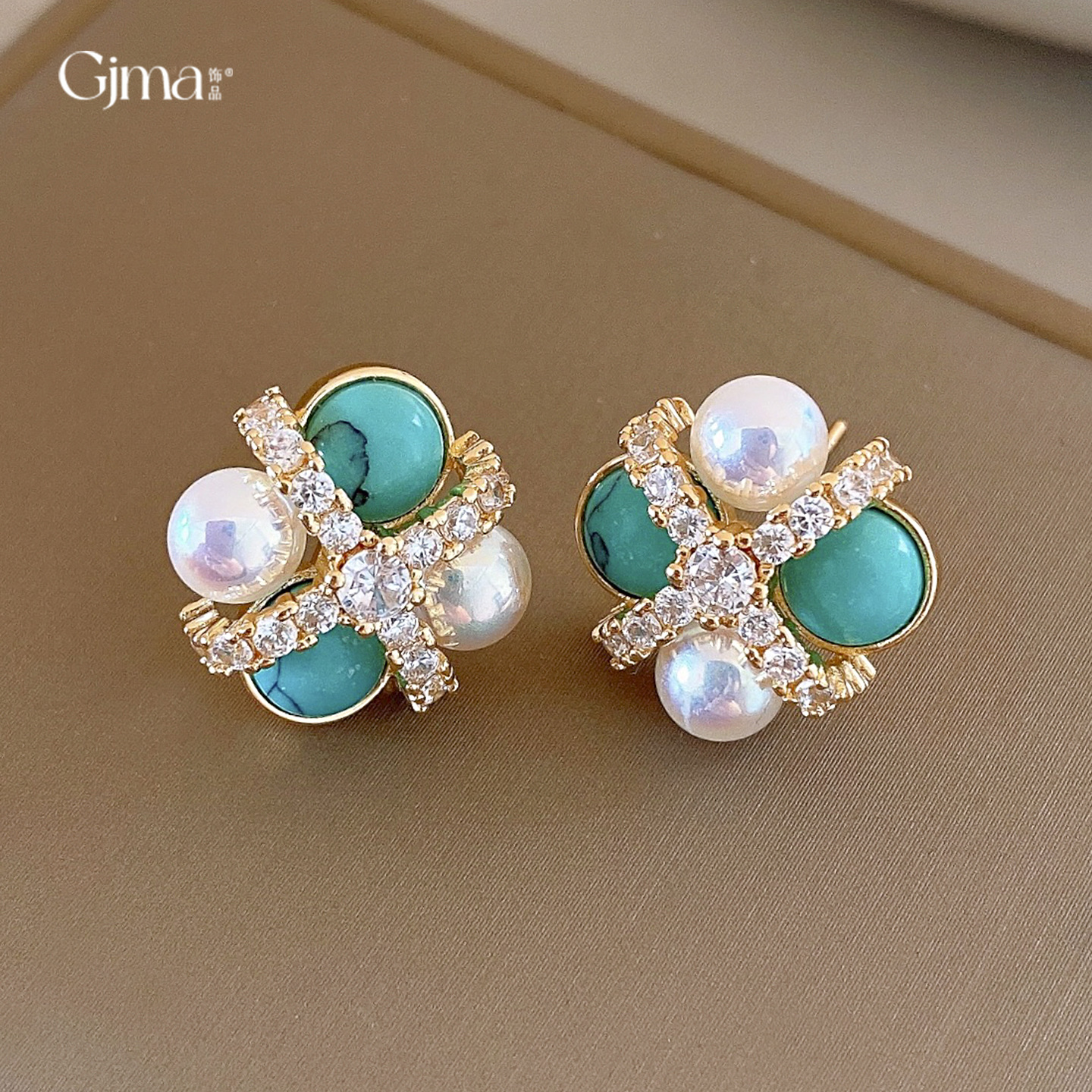 银针法式复古锆石花朵珍珠耳环