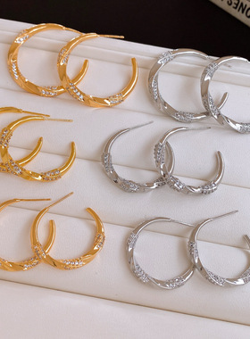 18K Gold Twist C-Hoops, Zircon Luxury Statement Studs