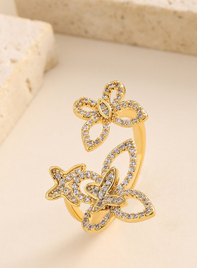 甜美满钻三蝴蝶可调节开口戒指