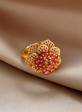 锆石花朵开口戒指小众感指环欧美