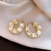 Gold Vintage Floral Cuffs 14K Pearl Ear French Earrings