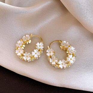 14K Gold Floral Ear Cuffs, French Pearl Vintage Earrings