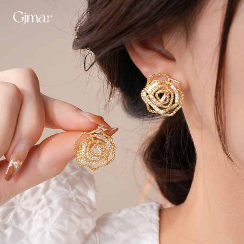 14k金电镀欧美锆石镂空花朵耳环