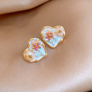 18K Gold Heart Studs, Enamel Pearl Chic Luxury Earrings