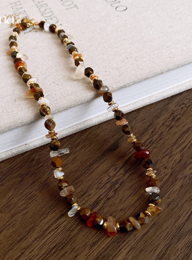 美拉德咖色圆形串珠项链毛衣链